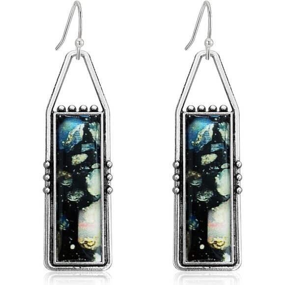 Black Handmade Bohemian Tribal Retro Colorful Square Bar Dangle Drop Earrings - Picture 1 of 6